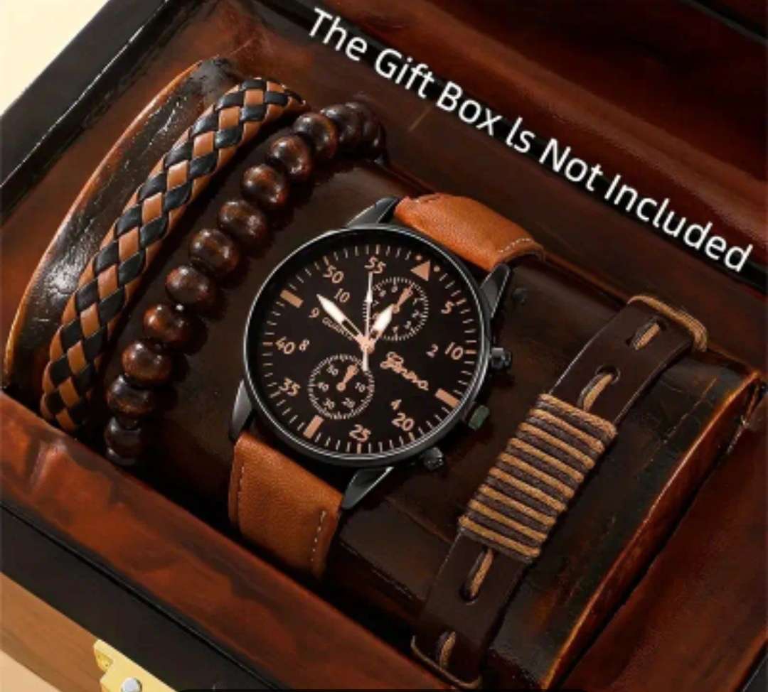 4pcs/set, Men's Brown PU Strap Casual Quartz Watch & Bangle Set