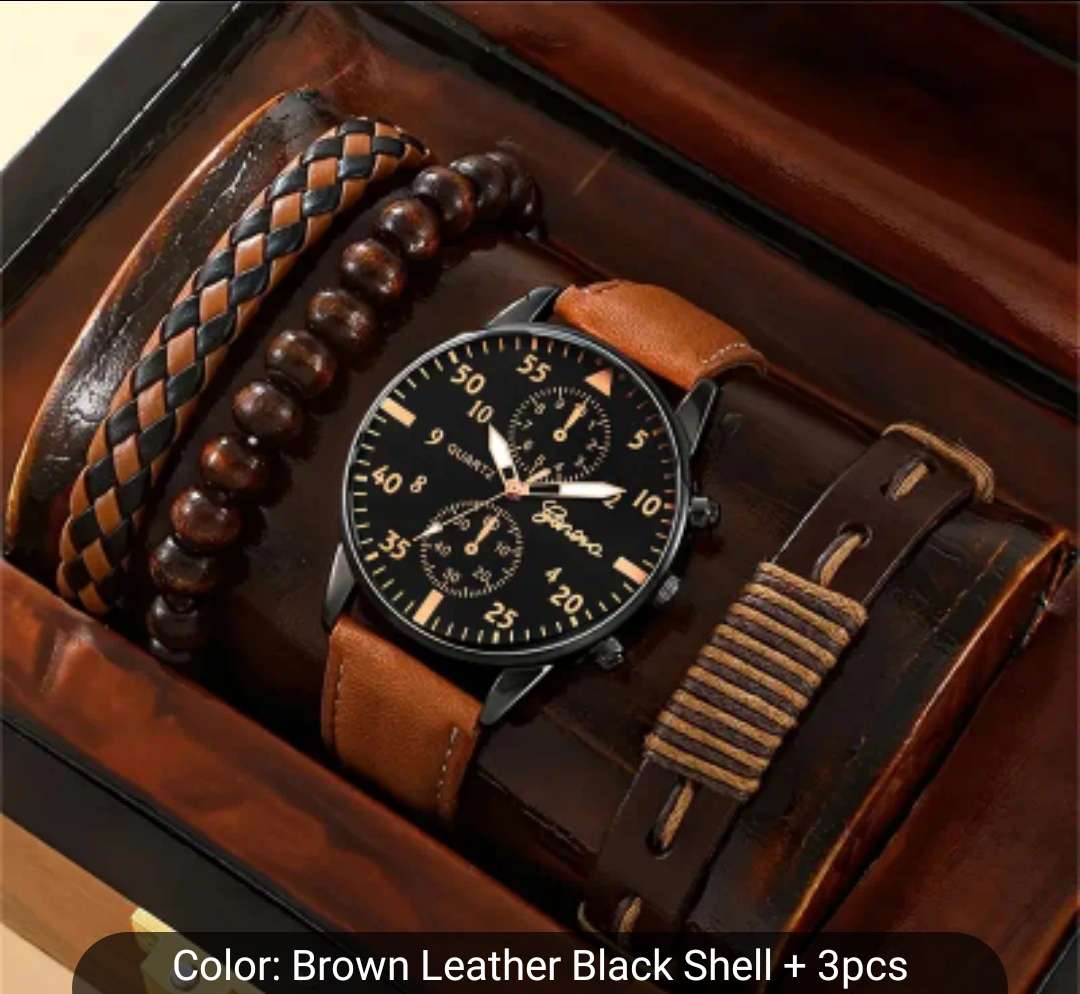 4pcs/set, Men's Brown PU Strap Casual Quartz Watch & Bangle Set