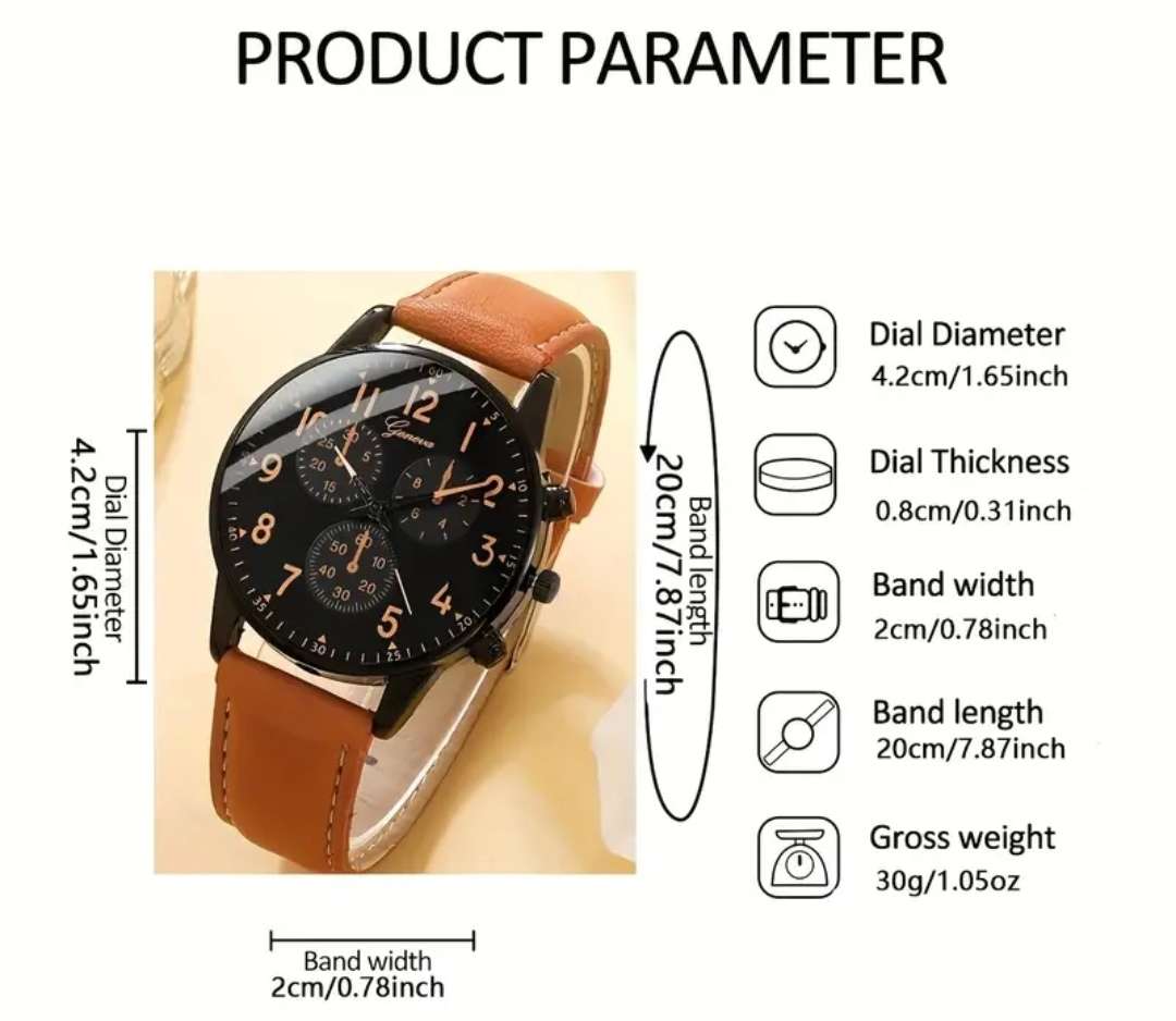 4pcs/set, Men's Brown PU Strap Casual Quartz Watch & Bangle Set