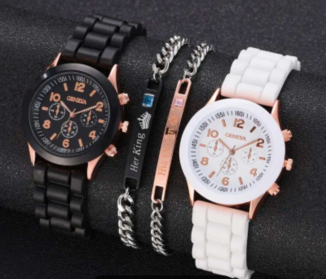 4pcs/set Couple Quartz Watch Analog Silicone Band Wrist Watch & Her King His Queen Bracelets