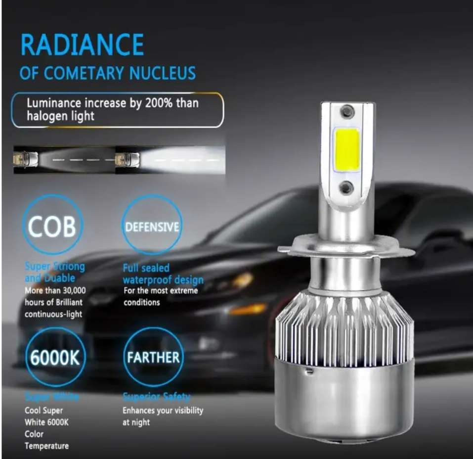 2Pc Set C6 LED Headlight Kit H7-6000k 3800 lumens, 30 000 hours lifespan, all in one compact design