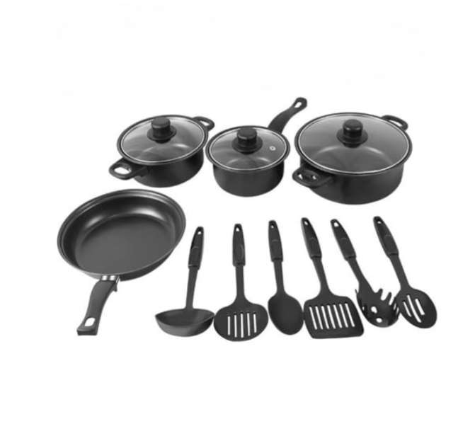 13 Piece Cookware and Utensil Set Non-Stick, glass lids
