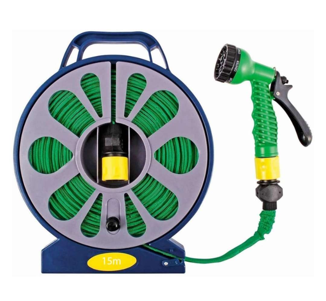 50Ft Lay Flat Garden Hose Pipe 15m, with 7 Pattern Spray Gun and Reel Stand, Kink Resistant Design