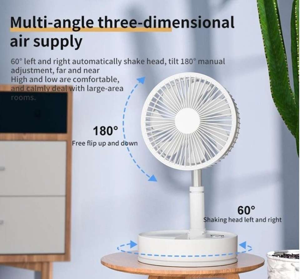 8-inch Recharge foldaway & standing fan, 180° angle adjust, 4 speeds, extend to 90cm, white or black