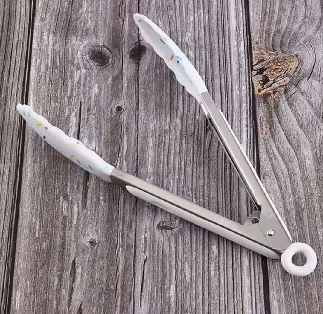 3Pc White confetti speckled silicone baking set, with wooden handle