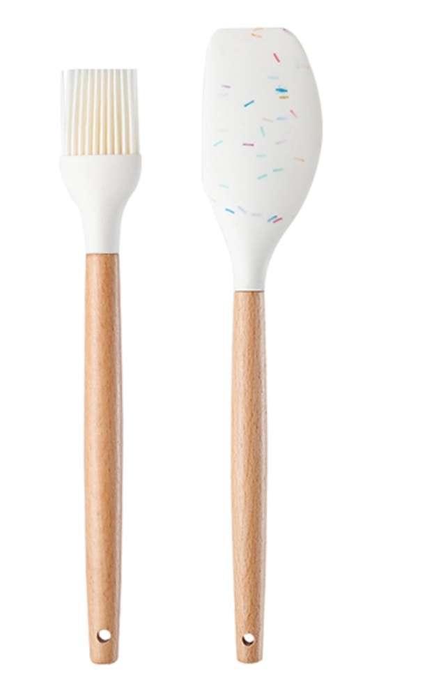 3Pc White confetti speckled silicone baking set, with wooden handle