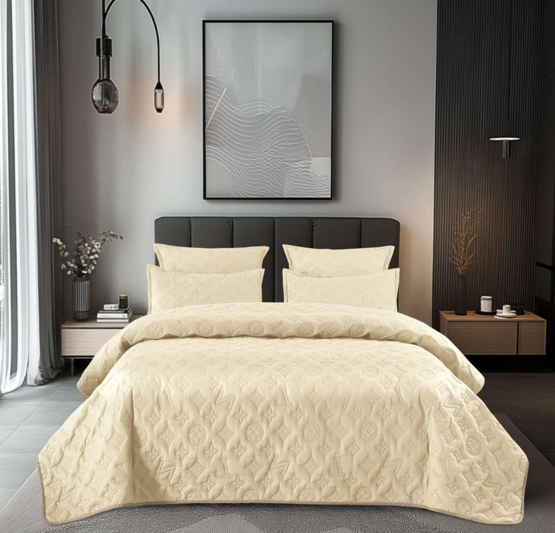 5Pc Embossed Cotton Queen Quilt Set, 2 Standard Pillowcases, 2 Continental Pillowcases, Cream