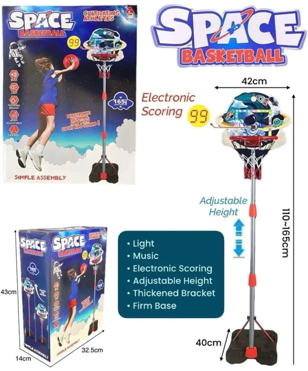 Kids Space Basket Ball Set, Electronic Scoring, with Light and Sound, Height Adjustment up to 165cm