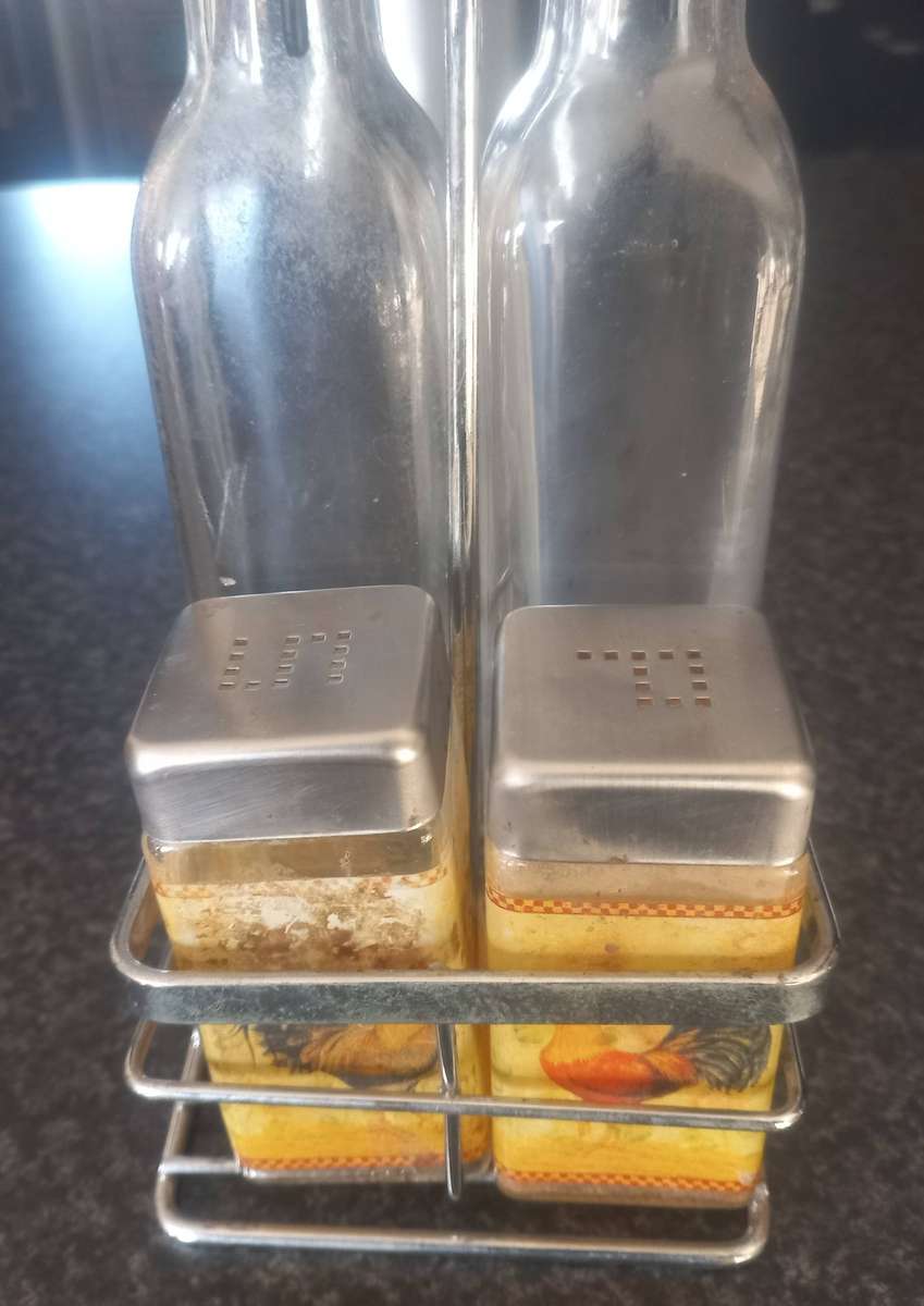 OLD WIMPY SALT, PEPPER VINAGAR AND TOMATO SAUCE HOLDER