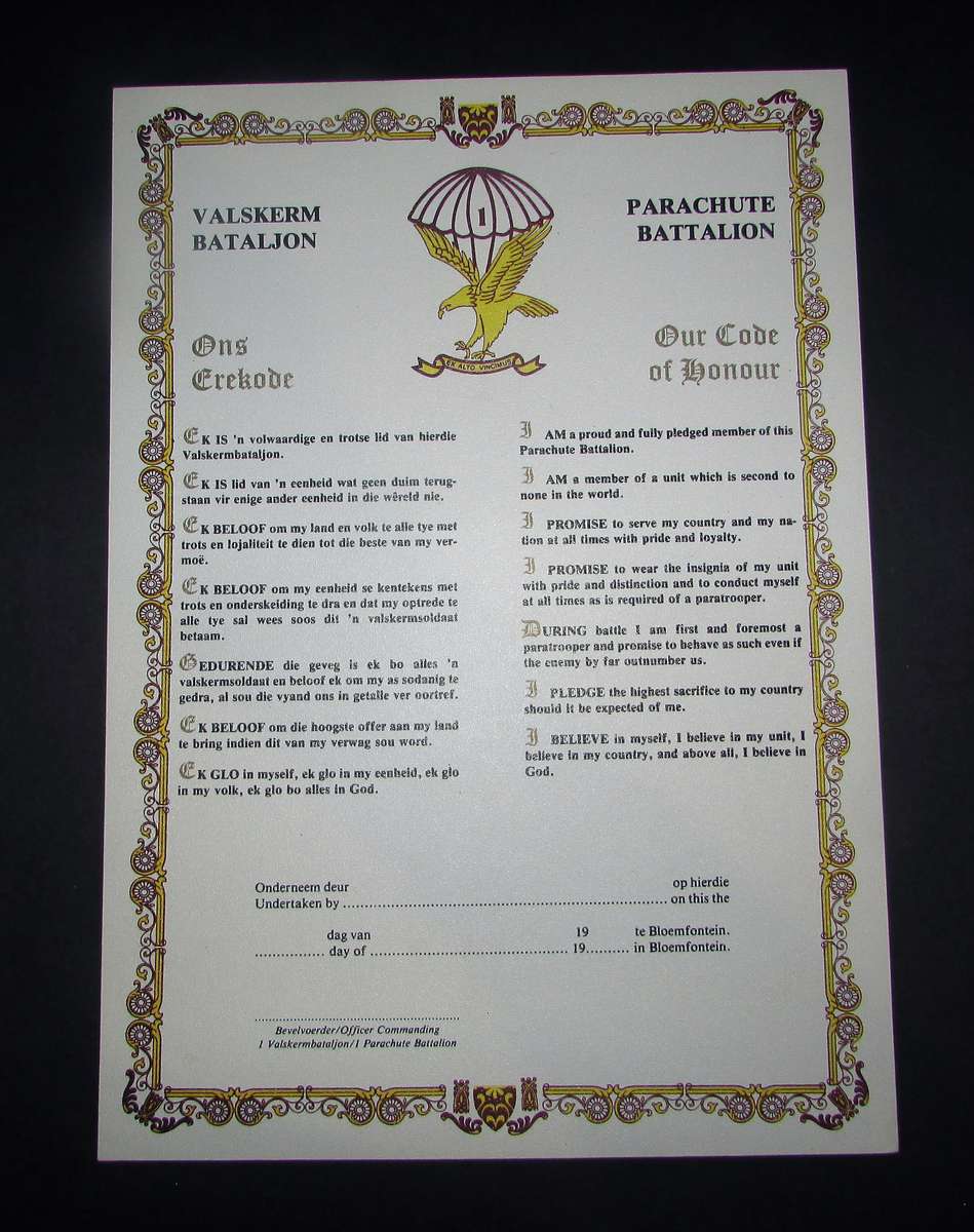 SADF - Original Period 1 Parachute Battalion Code of Honour Certificate