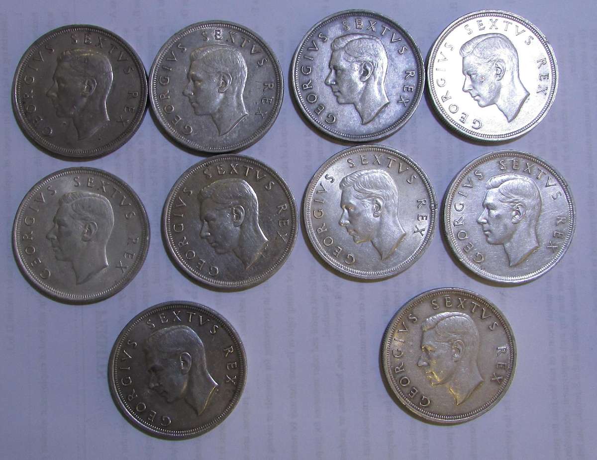 Union of South Africa - Collection of 10 Silver 1952 Crowns Sold Together