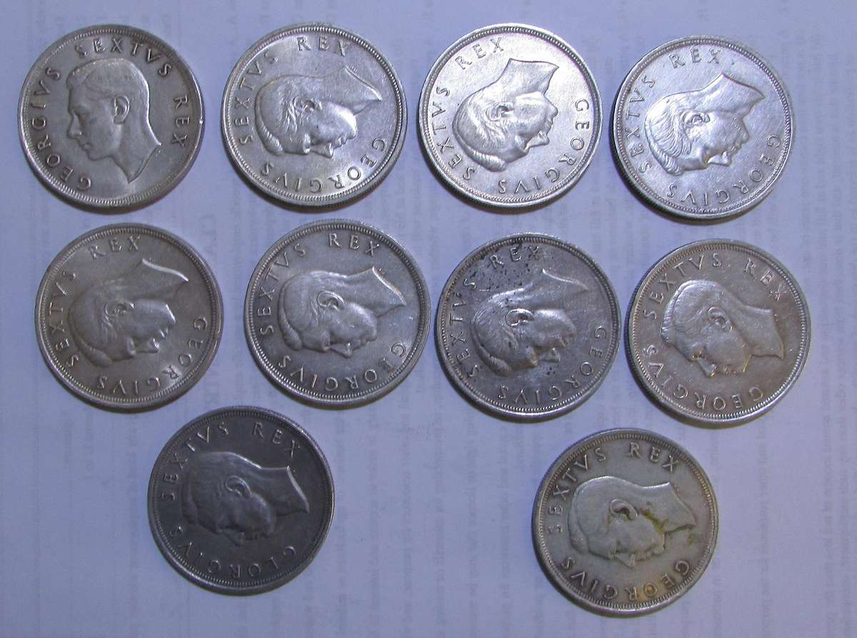 Union of South Africa - Collection of 10 Silver 1952 Crowns Sold Together