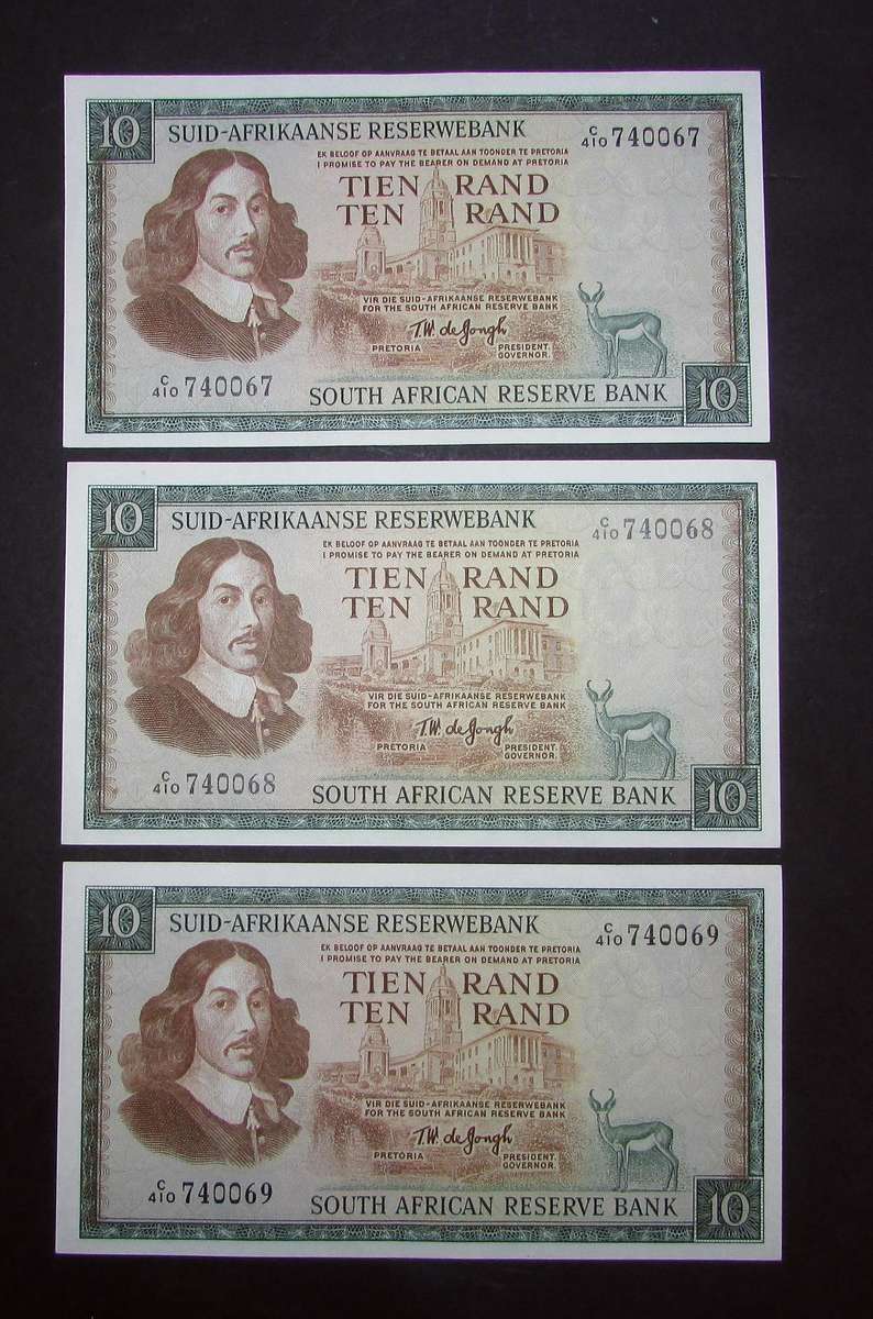 Republic of South Africa :De Jongh Ten Rand Notes in Sequence