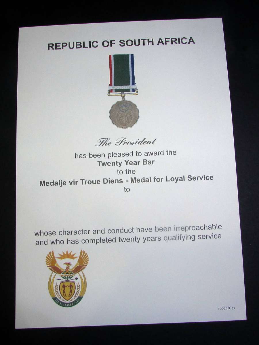 SANDF - 20 Year Loyal Service Medal Certificate