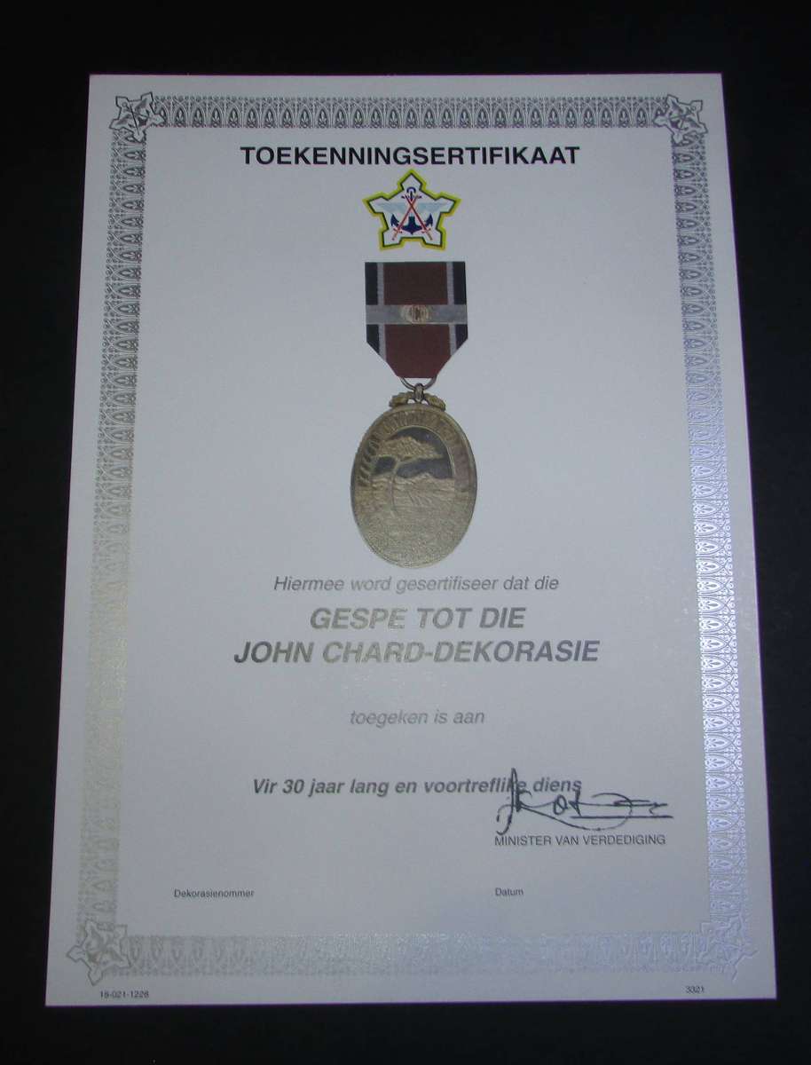 SADF - John Chard Decoration Bar Certificate - Afrikaans