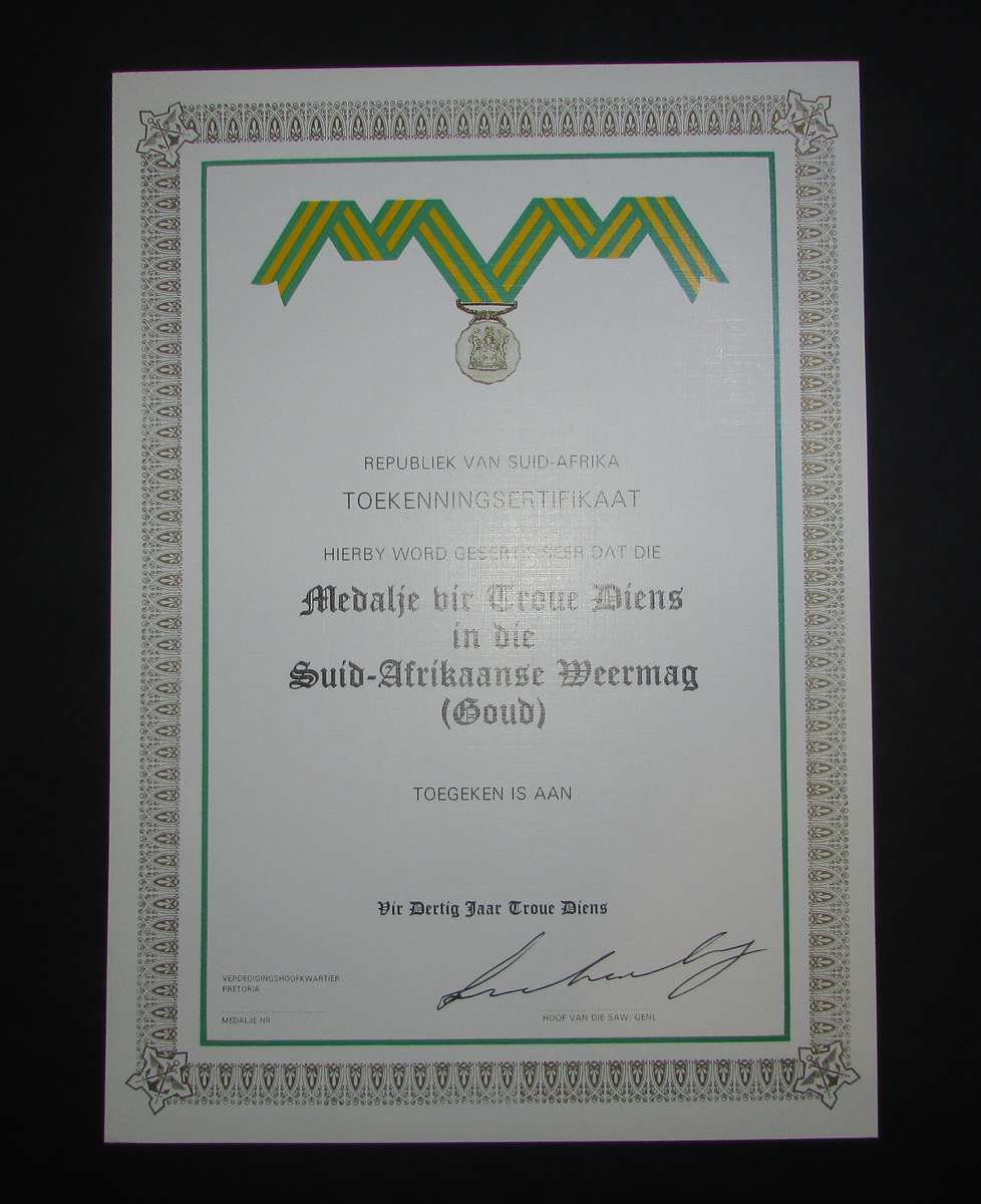 SADF - 30 Year Good Service Gold Medal Certificate - English