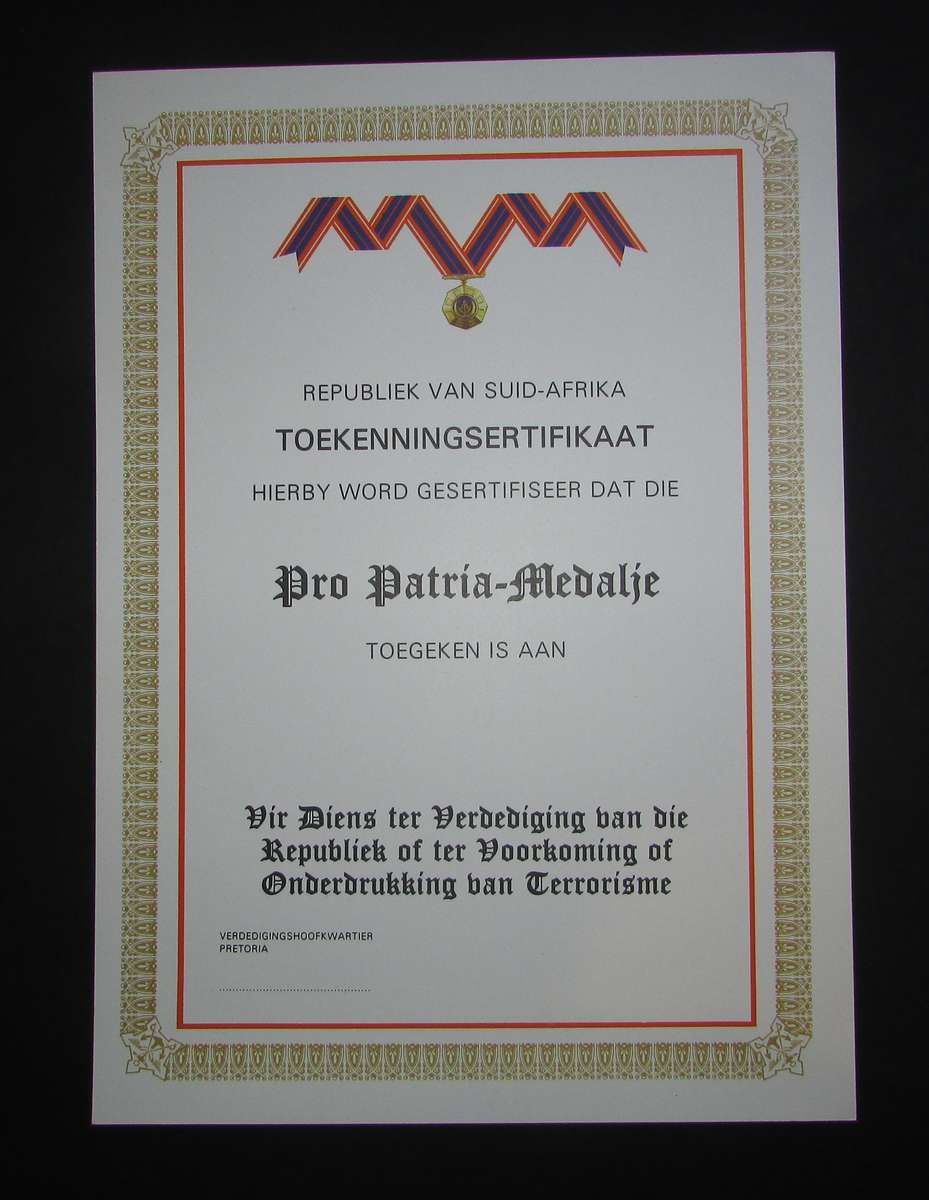 SADF - Pro Patria Medal Certificate - Afrikaans
