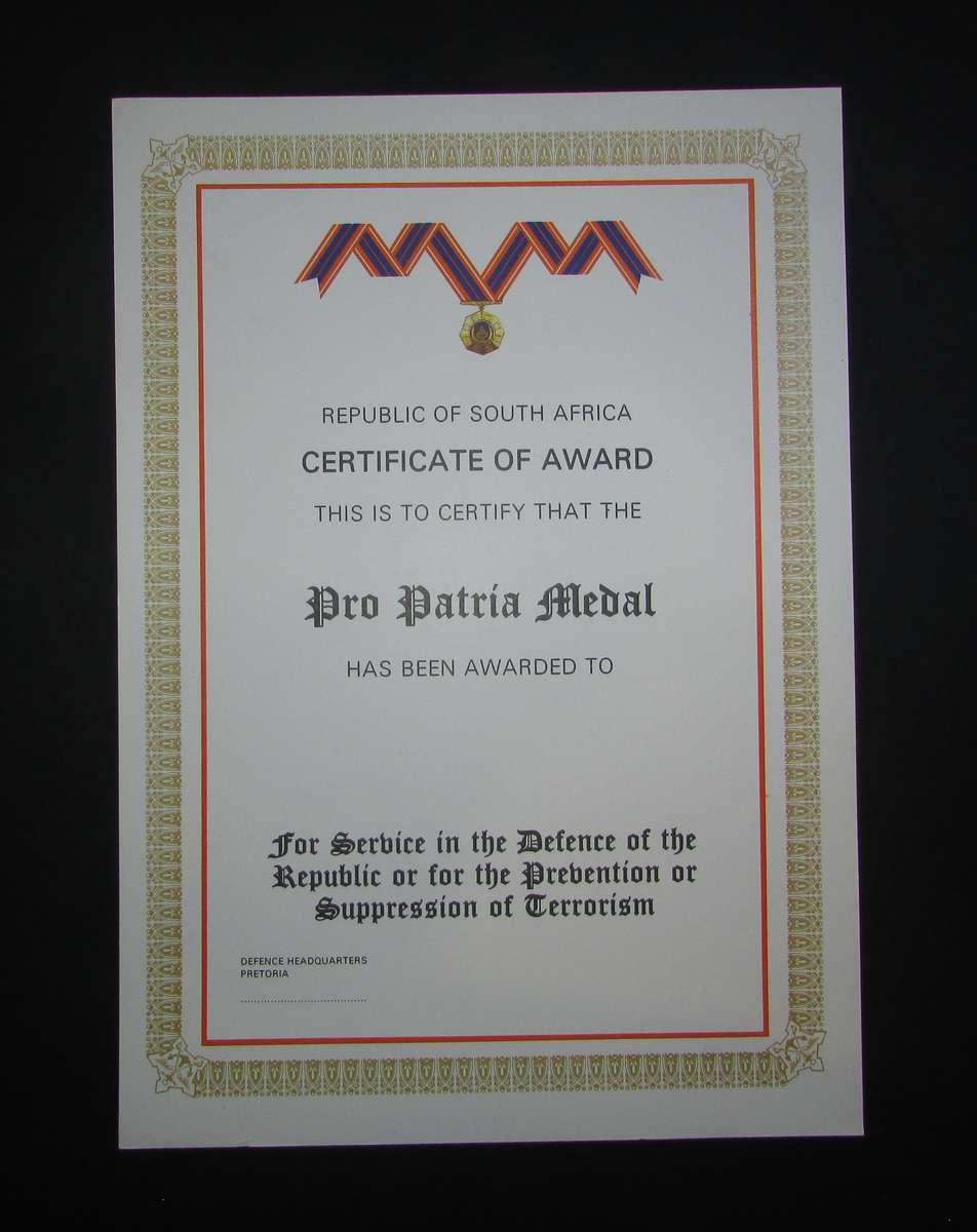 SADF - Pro Patria Medal Certificate - English