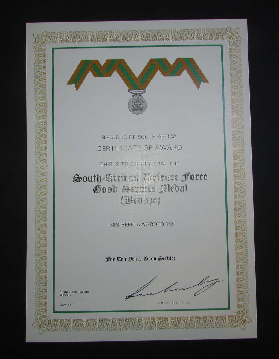 SADF - 10 Year Good Service Medal Certificate - English