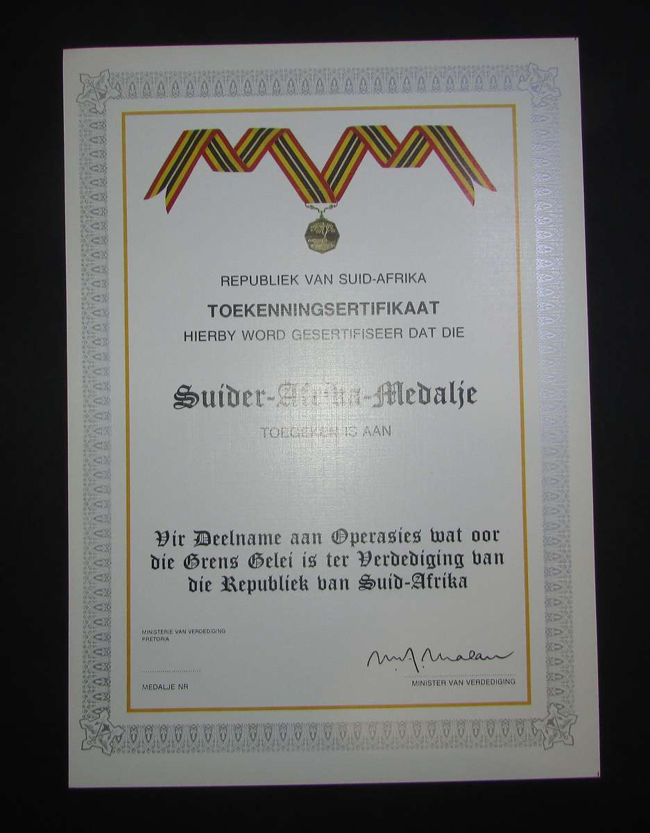 SADF - Southern Africa Service Medal Certificate - Afrikaans