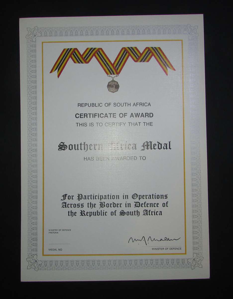 SADF - Southern Africa Service Medal Certificate - English