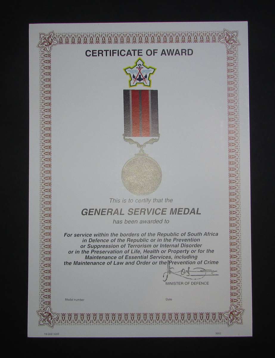 SADF - General Service Medal Certificate ) English