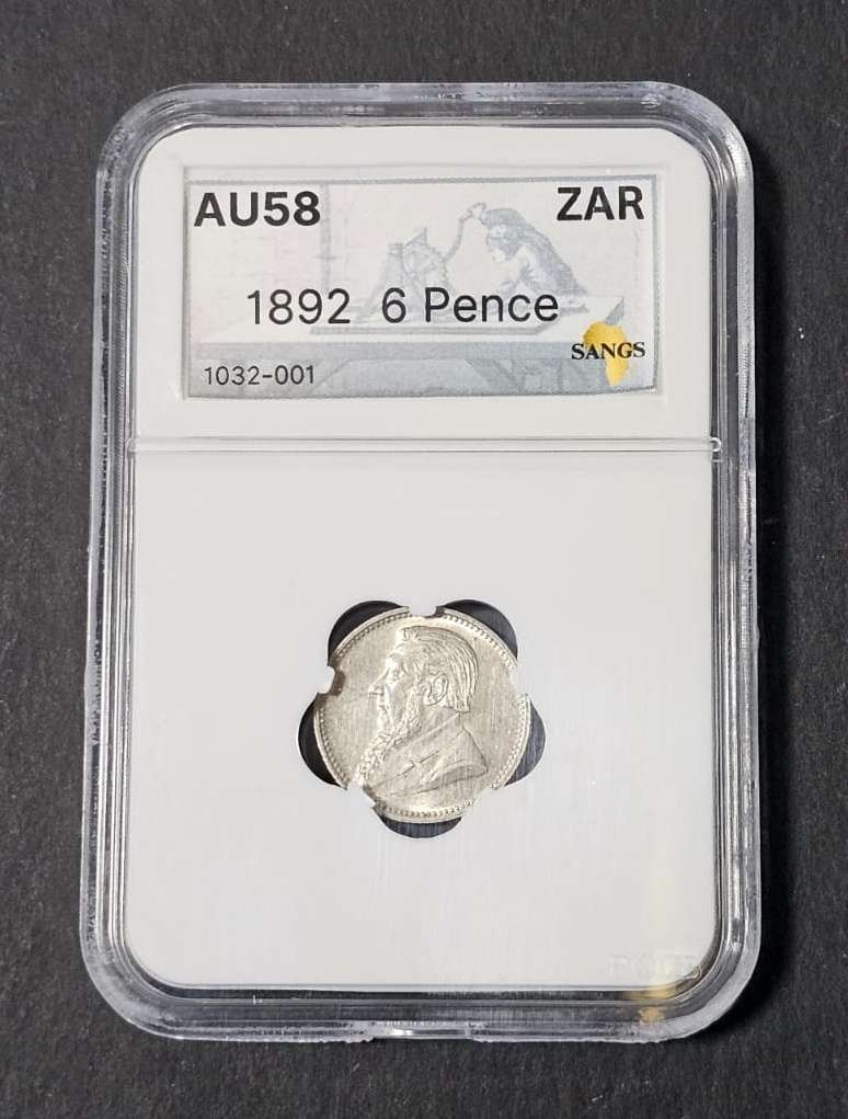 ZAR Silver - 1892 Sixpence SANGC Graded AU58
