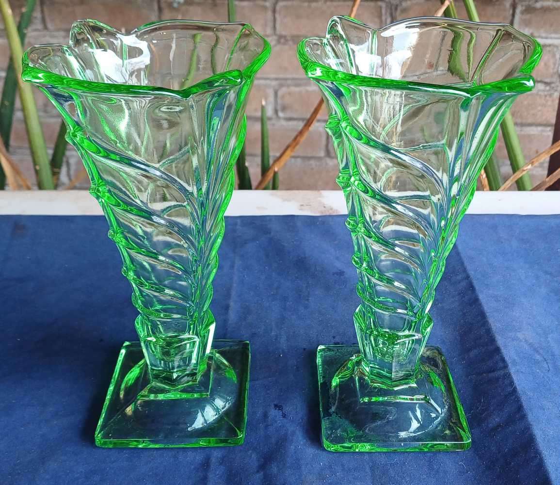 2 x Vintage green vases