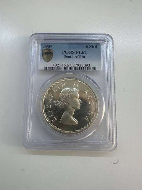 South Africa 5 shilling 1957 PCGS PL67 , FINEST KNOWN
