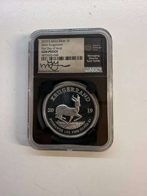 2019 SILVER KRUGERRAND 1oz NGC GEM PROOF , SIGNED BY TUMI