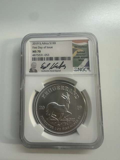 2019 SILVER KRUGERRAND 1oz NGC MS70 FIRST DAY OF ISSUE SIGNED ED HARBUZ