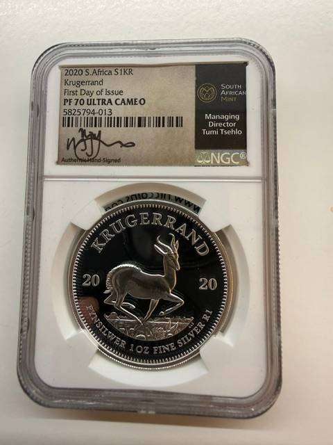 2020 SILVER KRUGERRAND 1oz NGC PF70 , FIRST DAY OF ISSUE