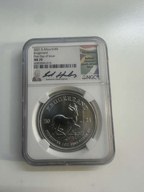 2021 SILVER KRUGERRAND 1oz NGC MS70 FIRST DAY OF ISSUE SIGNED BY ED HARBUZ