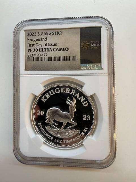 2023 SILVER KRUGERRAND 1oz NGC PF70 , FIRST DAY OF ISSUE