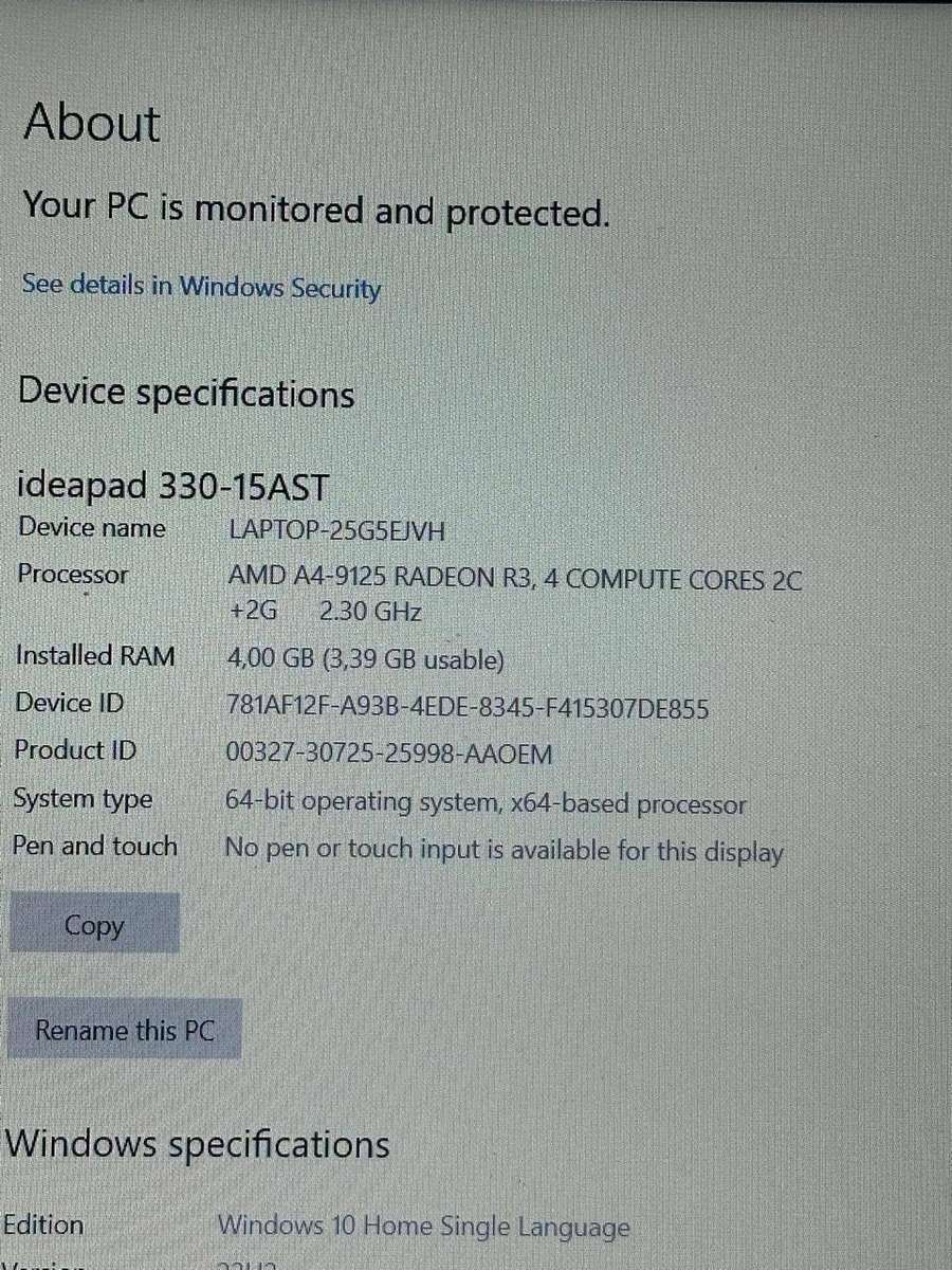 LENOVO IDEAPAD 330-15AST**AMD A4-9125 RADEON R3**4GB RAM**1TB HDD**15.6 HD LED**WIN11H