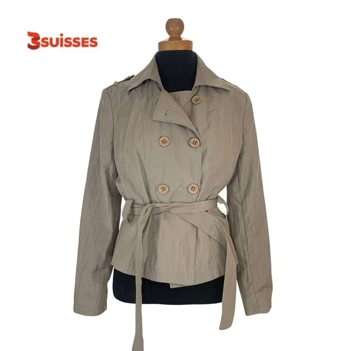 3Suisses Belted Double-Breasted Jacket  Taupe / Metallic Brown  LARGE