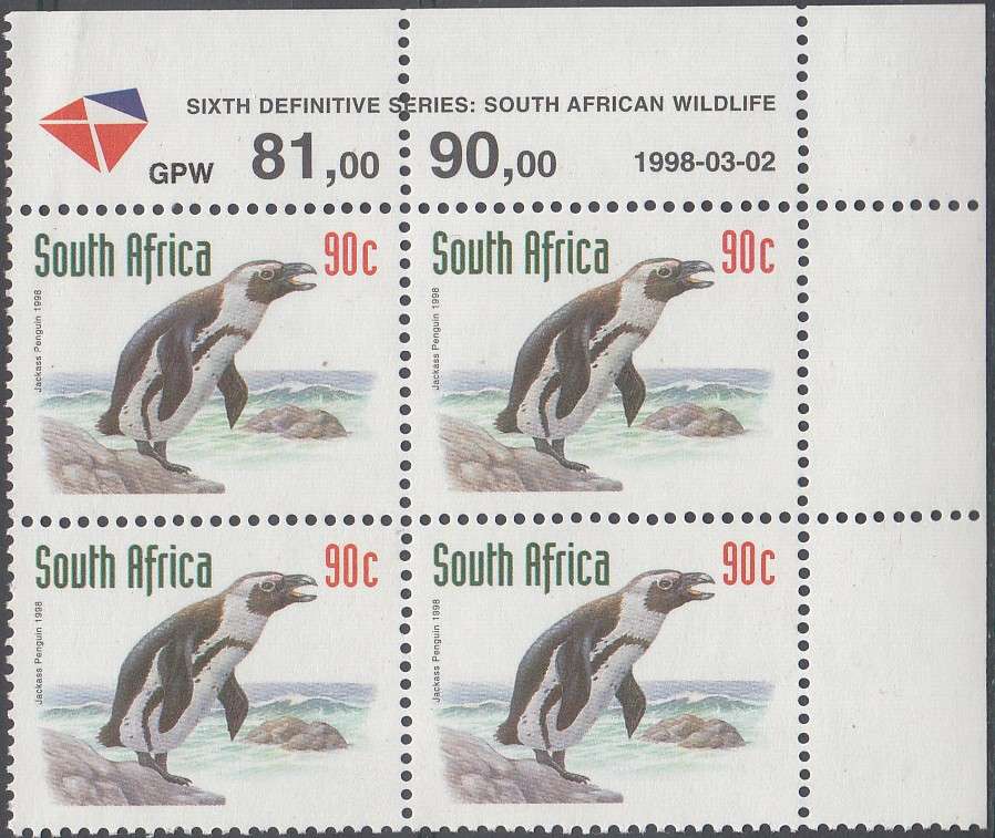 RSA 2000 REDRAWN 6th DEFINITIVE THREATENED FAUNA 90c CONTROL BLOCK (2.03.98) MNH (SACC 1165)