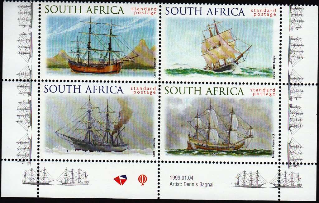 RSA 1999 SAILING THE SOUTHERN OCEANS FULL SET CONTROL BLOCKS OF 4 MNH (SACC 1188-1191)