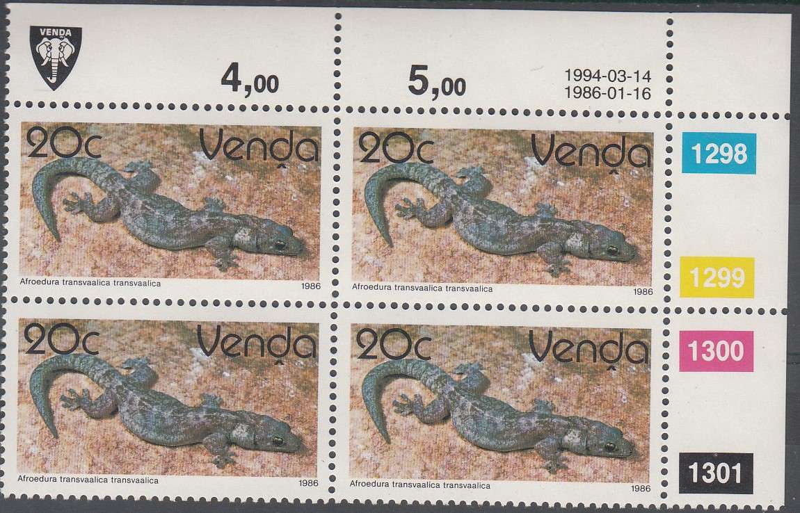 VENDA 1986: 2nd DEFINITIVE ISSUE: REPTILES 20c CONTROL BLOCK OF 4 (1994) MNH (SACC 132)