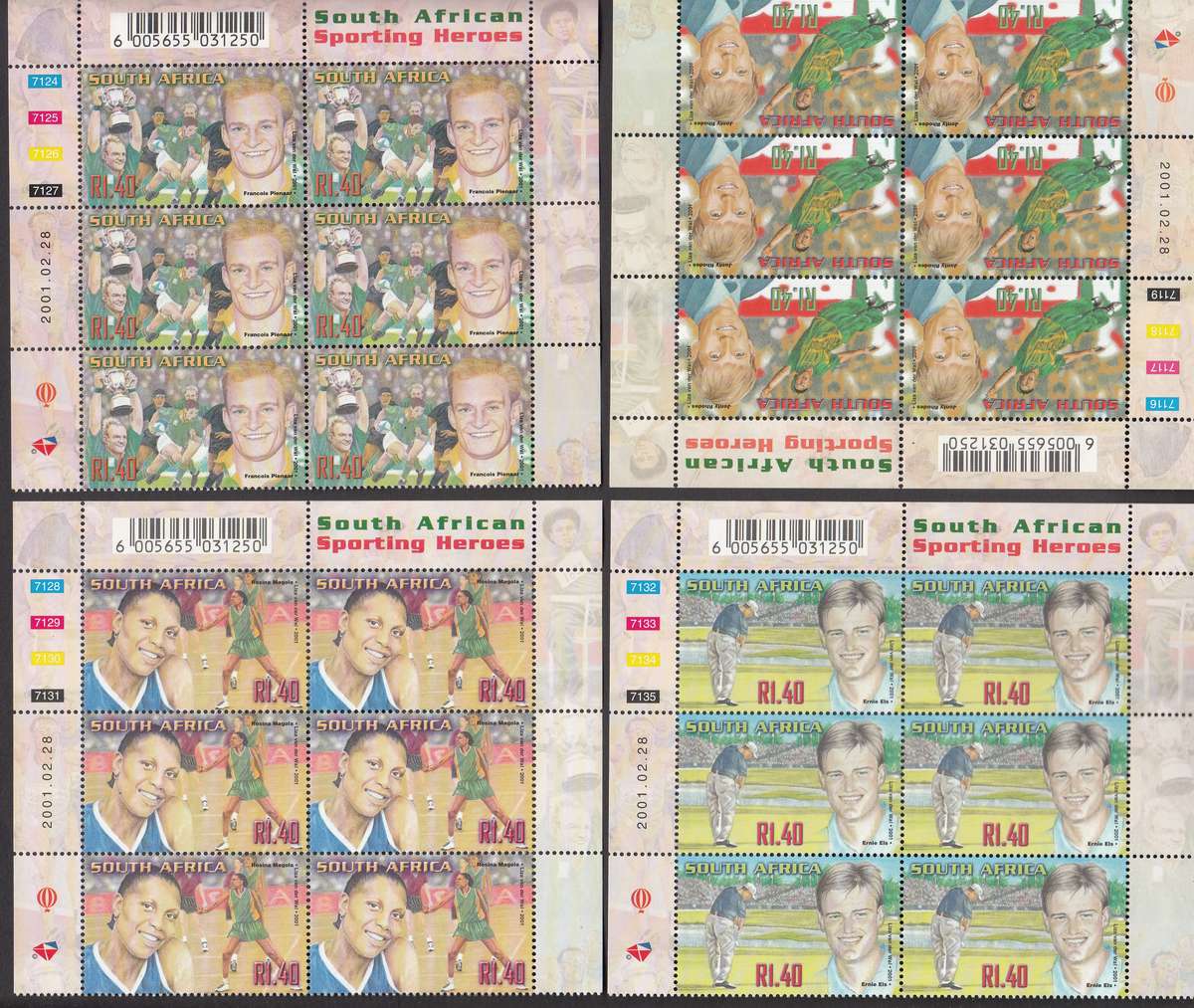 RSA 2001: S.A. SPORTING HEROS FULL SET CONTROL BLOCKS OF 6 MNH (SACC 1348-1357)