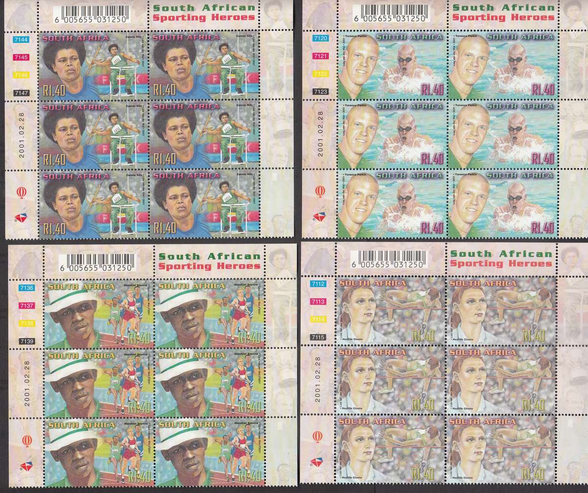 RSA 2001: S.A. SPORTING HEROS FULL SET CONTROL BLOCKS OF 6 MNH (SACC 1348-1357)