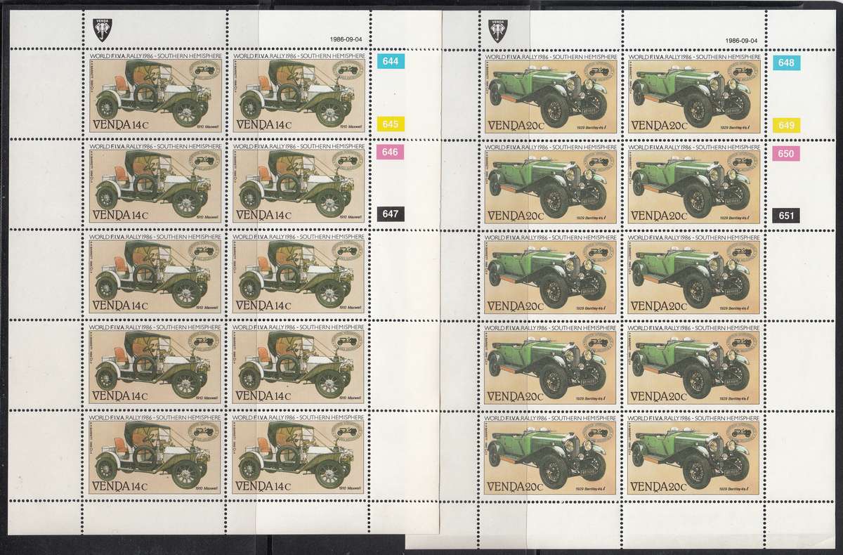 VENDA 1986: INT. VETERAN CAR RALLY FULL SET OF SHEETS OF 10 MNH (SACC 147-150)