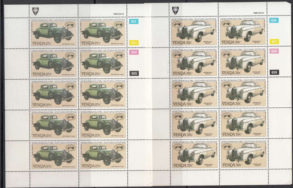 VENDA 1986: INT. VETERAN CAR RALLY FULL SET OF SHEETS OF 10 MNH (SACC 147-150)