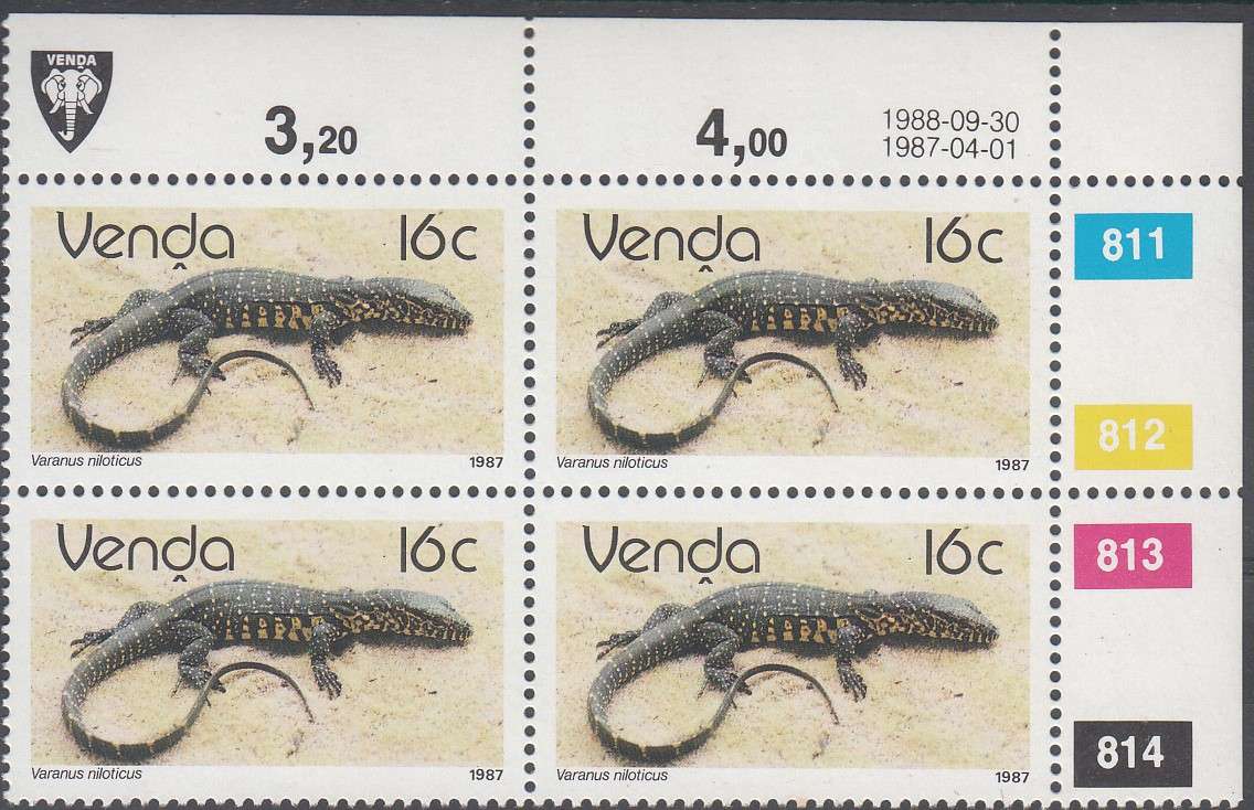 VENDA 1987: REPTILES 16c CONTROL BLOCK OF 4 (30-9-1988) MNH (SACC 155)