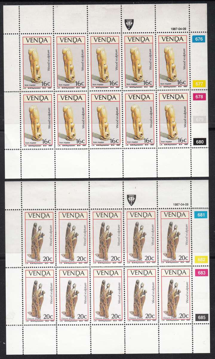 VENDA 1987: W00D SCULPTURES FULL SET OF SHEETS OF 10 MNH (SACC 151-154)