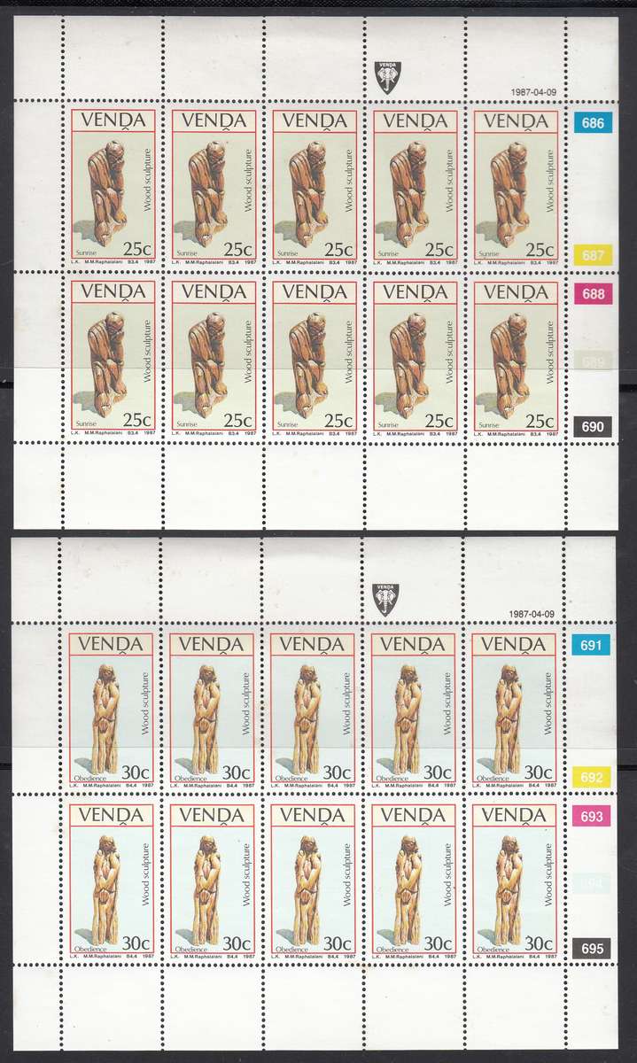 VENDA 1987: W00D SCULPTURES FULL SET OF SHEETS OF 10 MNH (SACC 151-154)