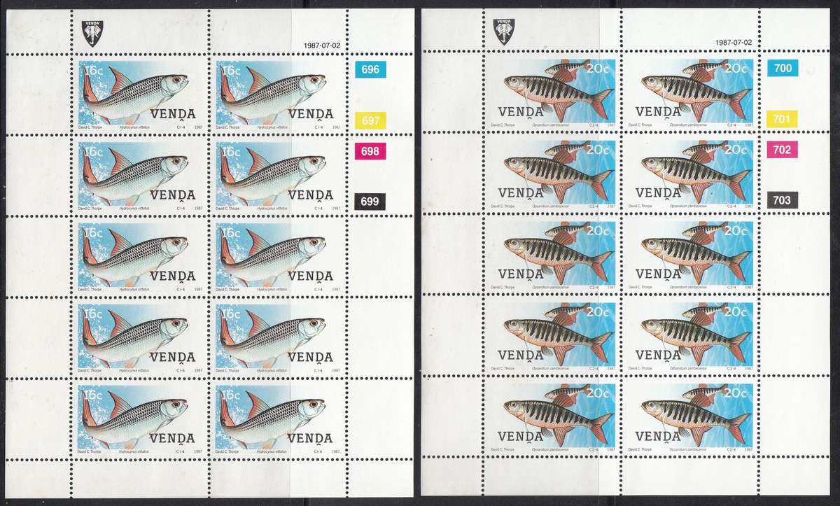 VENDA 1987: FRESHWATER FISH FULL SET OF SHEETS OF 10 MNH (SACC 160-161)