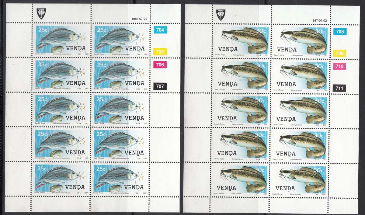 VENDA 1987: FRESHWATER FISH FULL SET OF SHEETS OF 10 MNH (SACC 160-161)