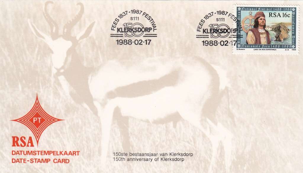 RSA DATE-STAMP CARD 1988: 150th ANNIVESARY OF KLERKSDORP