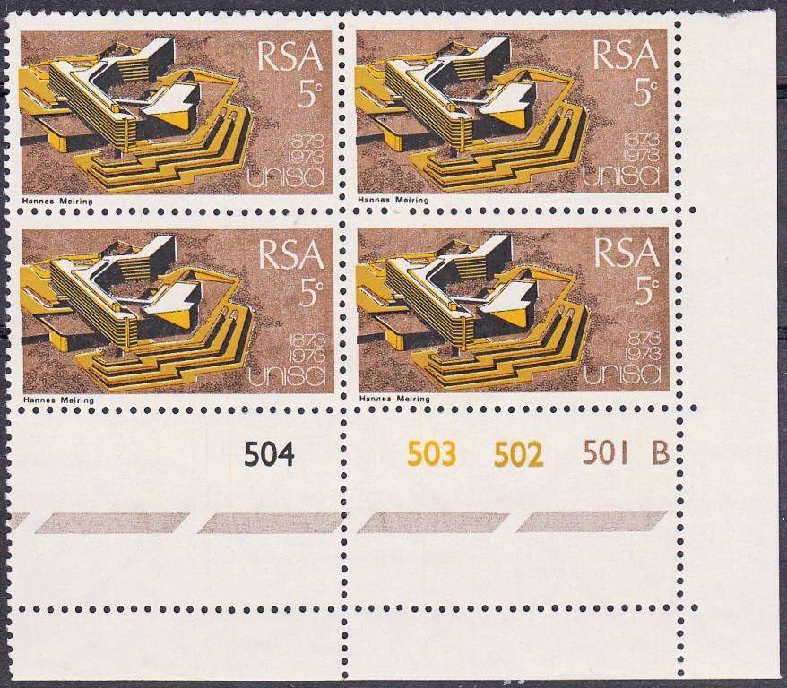 RSA 1973: CENTENARY OF UNISA 5c CONTROL BLOCK 0F 4 PANE B MNH (SACC 342)
